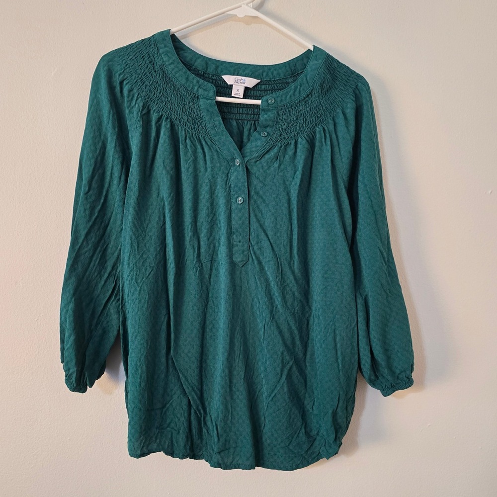 Croft & Barrow Blouse Womens Extra Small Green V Neck Shirt